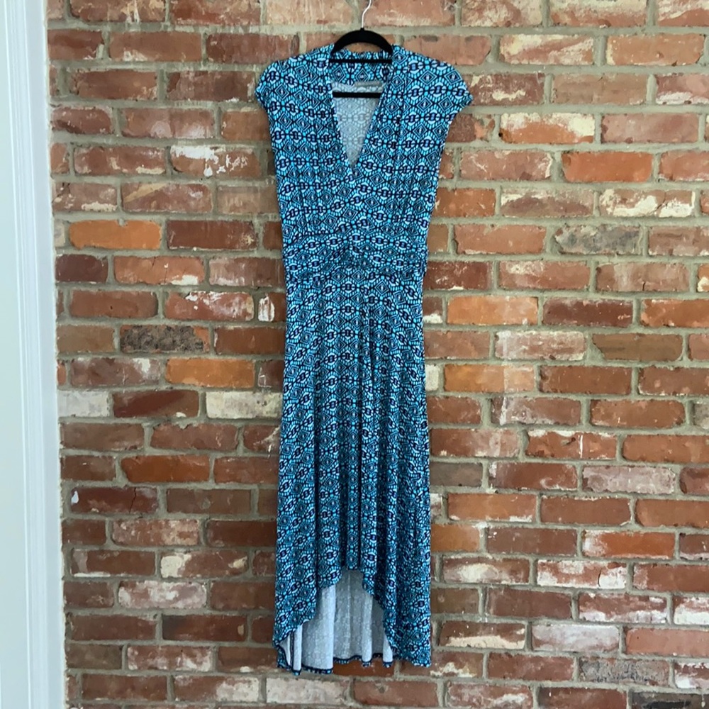 Loveappella High Low Dress Petite Medium PM Blue Geometric Wrap Vneck Stretchy